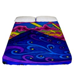 Psychedelic Colorful Lines Nature Mountain Trees Snowy Peak Moon Sun Rays Hill Road Artwork Stars Fitted Sheet (king Size) by pakminggu