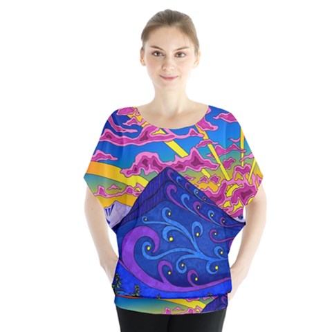 Psychedelic Colorful Lines Nature Mountain Trees Snowy Peak Moon Sun Rays Hill Road Artwork Stars Batwing Chiffon Blouse by pakminggu