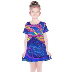 Psychedelic Colorful Lines Nature Mountain Trees Snowy Peak Moon Sun Rays Hill Road Artwork Stars Kids  Simple Cotton Dress by pakminggu