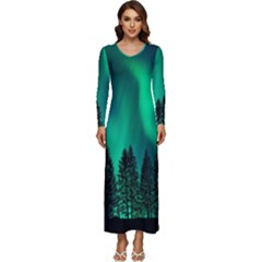 Aurora Northern Lights Phenomenon Atmosphere Sky Long Sleeve Longline Maxi Dress by pakminggu