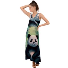 Animal Panda Forest Tree Natural V-neck Chiffon Maxi Dress by pakminggu