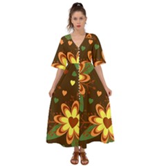 Floral Hearts Brown Green Retro Kimono Sleeve Boho Dress by danenraven