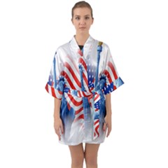 Statue Of Liberty And Usa Flag Art Half Sleeve Satin Kimono  by danenraven
