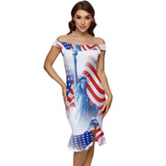 Statue Of Liberty And Usa Flag Art Off Shoulder Ruffle Split Hem Bodycon Dress by danenraven