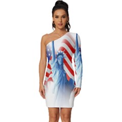 Statue Of Liberty And Usa Flag Art Long Sleeve One Shoulder Mini Dress by danenraven