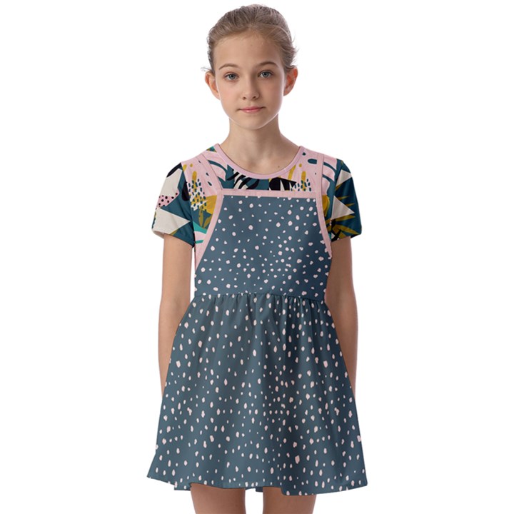 tropical polka plants 6 Kids  Short Sleeve Pinafore Style Dress