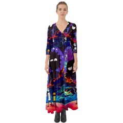 Cartoon Parody In Outer Space Button Up Boho Maxi Dress by Mog4mog4