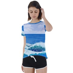 Illustration Landscape Sea Ocean Waves Beach Blue Short Sleeve Open Back Tee by Mog4mog4