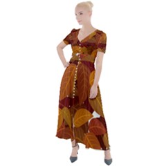 Watercolor Leaves Leaf Orange Button Up Short Sleeve Maxi Dress by Bakwanart