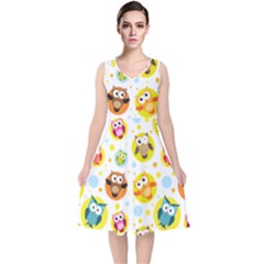 Owl Bird Cartoon V-neck Midi Sleeveless Dress 