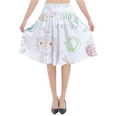 Cats And Food Doodle Seamless Pattern Flared Midi Skirt