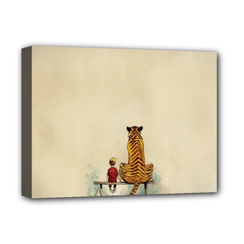 Tiger Sitting Beside Boy Painting Parody Cartoon Deluxe Canvas 16  X 12  (stretched)  by Bakwanart