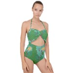 Green Retro Games Pattern Scallop Top Cut Out Swimsuit