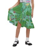 Green Retro Games Pattern Kids  Ruffle Flared Wrap Midi Skirt