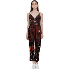 Red Computer Circuit Board V-neck Spaghetti Strap Tie Front Jumpsuit by Bakwanart