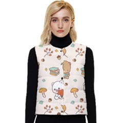 Bear Cartoon Background Pattern Seamless Animal Women s Short Button Up Puffer Vest by 99art