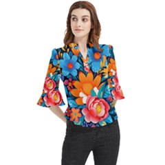 Flowers Bloom Spring Colorful Artwork Decoration Loose Horn Sleeve Chiffon Blouse