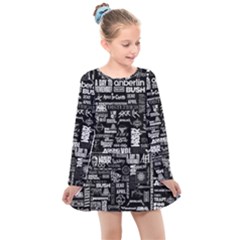 Music Pattern Black White Kids  Long Sleeve Dress by 99art