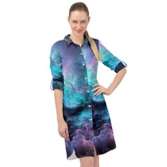 Abstract Graphics Nebula Psychedelic Space Long Sleeve Mini Shirt Dress