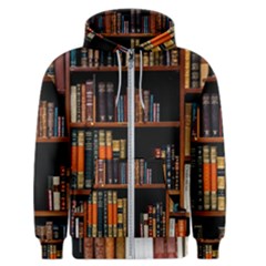 Assorted Title Of Books Piled In The Shelves Assorted Book Lot Inside The Wooden Shelf Men s Zipper Hoodie by 99art