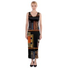 Assorted Title Of Books Piled In The Shelves Assorted Book Lot Inside The Wooden Shelf Fitted Maxi Dress by 99art
