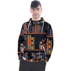 Assorted Title Of Books Piled In The Shelves Assorted Book Lot Inside The Wooden Shelf Men s Pullover Hoodie by 99art