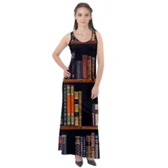 Assorted Title Of Books Piled In The Shelves Assorted Book Lot Inside The Wooden Shelf Sleeveless Velour Maxi Dress by 99art