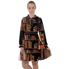 Assorted Title Of Books Piled In The Shelves Assorted Book Lot Inside The Wooden Shelf All Frills Chiffon Dress by 99art