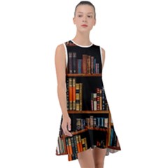 Assorted Title Of Books Piled In The Shelves Assorted Book Lot Inside The Wooden Shelf Frill Swing Dress by 99art
