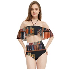 Assorted Title Of Books Piled In The Shelves Assorted Book Lot Inside The Wooden Shelf Halter Flowy Bikini Set  by 99art
