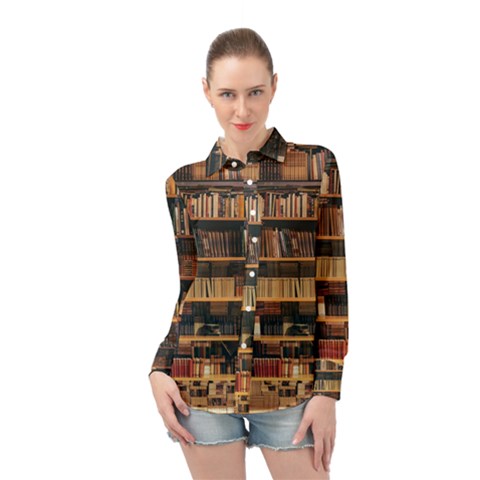 Books On Bookshelf Assorted Color Book Lot In Bookcase Library Long Sleeve Chiffon Shirt by 99art