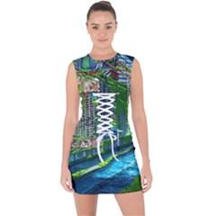 Anime Landscape Apocalyptic Ruins Water City Cityscape Lace Up Front Bodycon Dress by 99art