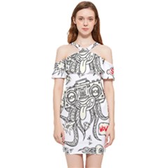 Drawing Clip Art Hand Painted Abstract Creative Space Squid Radio Shoulder Frill Bodycon Summer Dress by 99art