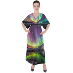 Aurora Borealis Polar Northern Lights Natural Phenomenon North Night Mountains V-neck Boho Style Maxi Dress by B30l