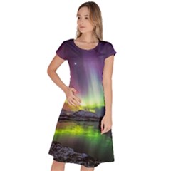 Aurora Borealis Polar Northern Lights Natural Phenomenon North Night Mountains Classic Short Sleeve Dress by B30l