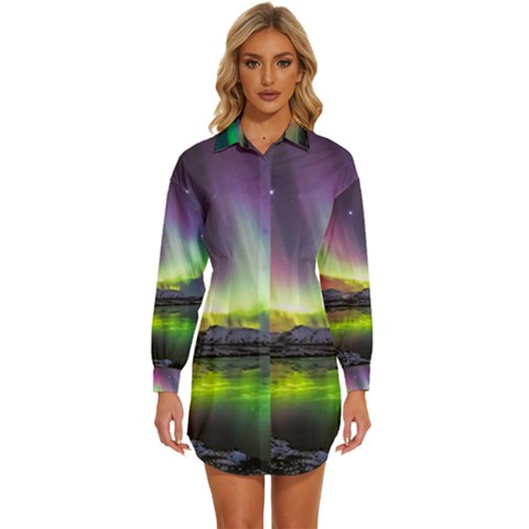 Aurora Borealis Polar Northern Lights Natural Phenomenon North Night Mountains Womens Long Sleeve Shirt Dress by B30l