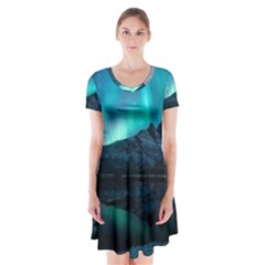 Aurora Borealis Mountain Reflection Short Sleeve V-neck Flare Dress by B30l