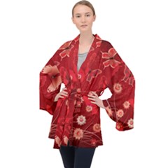 Four Red Butterflies With Flower Illustration Butterfly Flowers Long Sleeve Velvet Kimono  by B30l