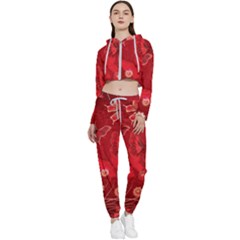 Four Red Butterflies With Flower Illustration Butterfly Flowers Cropped Zip Up Lounge Set