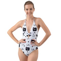 Cute Cameras Doodles Hand Drawn Halter Cut-out One Piece Swimsuit by Cowasu