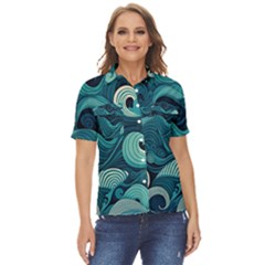 Waves Ocean Sea Abstract Whimsical Abstract Art Women s Short Sleeve Double Pocket Shirt