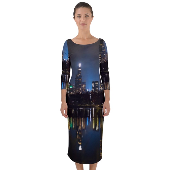 New York Night Central Park Skyscrapers Skyline Quarter Sleeve Midi Bodycon Dress