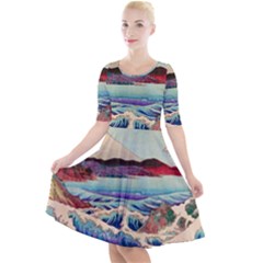 Wave Japanese Mount Fuji Woodblock Print Ocean Quarter Sleeve A-line Dress by Cowasu