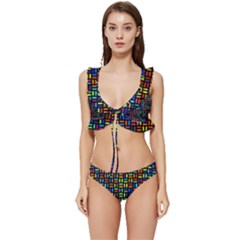 Geometric Colorful Square Rectangle Low Cut Ruffle Edge Bikini Set