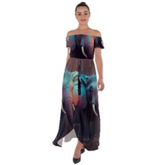 Elephant Tusks Trunk Wildlife Africa Off Shoulder Open Front Chiffon Dress by Ndabl3x