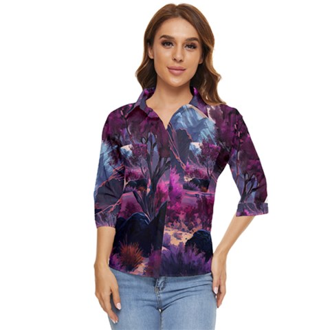 Landscape Painting Purple Tree Women s Quarter Sleeve Pocket Shirt by Ndabl3x