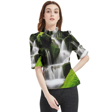 Waterfall Moss Korea Mountain Valley Green Forest Frill Neck Blouse by Ndabl3x