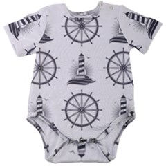 Marine-nautical-seamless-pattern-with-vintage-lighthouse-wheel Baby Short Sleeve Bodysuit by Wav3s