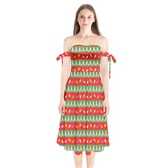 Christmas Papers Red And Green Shoulder Tie Bardot Midi Dress by Ndabl3x