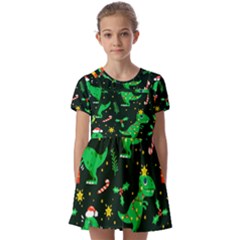 Christmas-funny-pattern Dinosaurs Kids  Short Sleeve Pinafore Style Dress by Vaneshart